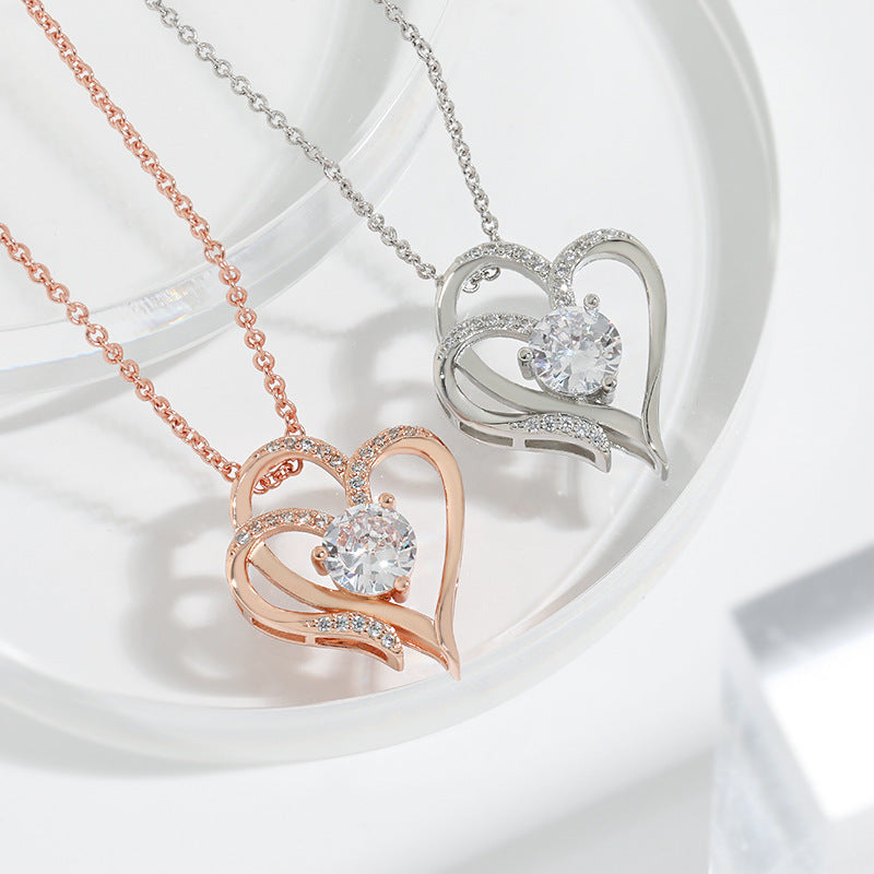 Zirkon Double Love Halskette mit Strasssteinen Ins personalisierte herzförmige Halskette Schlüsselbeinkette Schmuck für Frauen Valentinstag