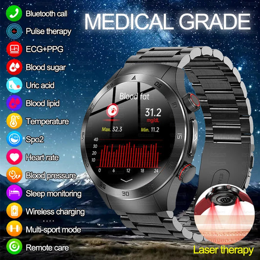 TitanTek 1.49'' AMOLED Laser Therapy Healthy Blood Glucose Smart Watch Men Sports ECG+PPG Blood Pressure Body Temperature Monitor Watches