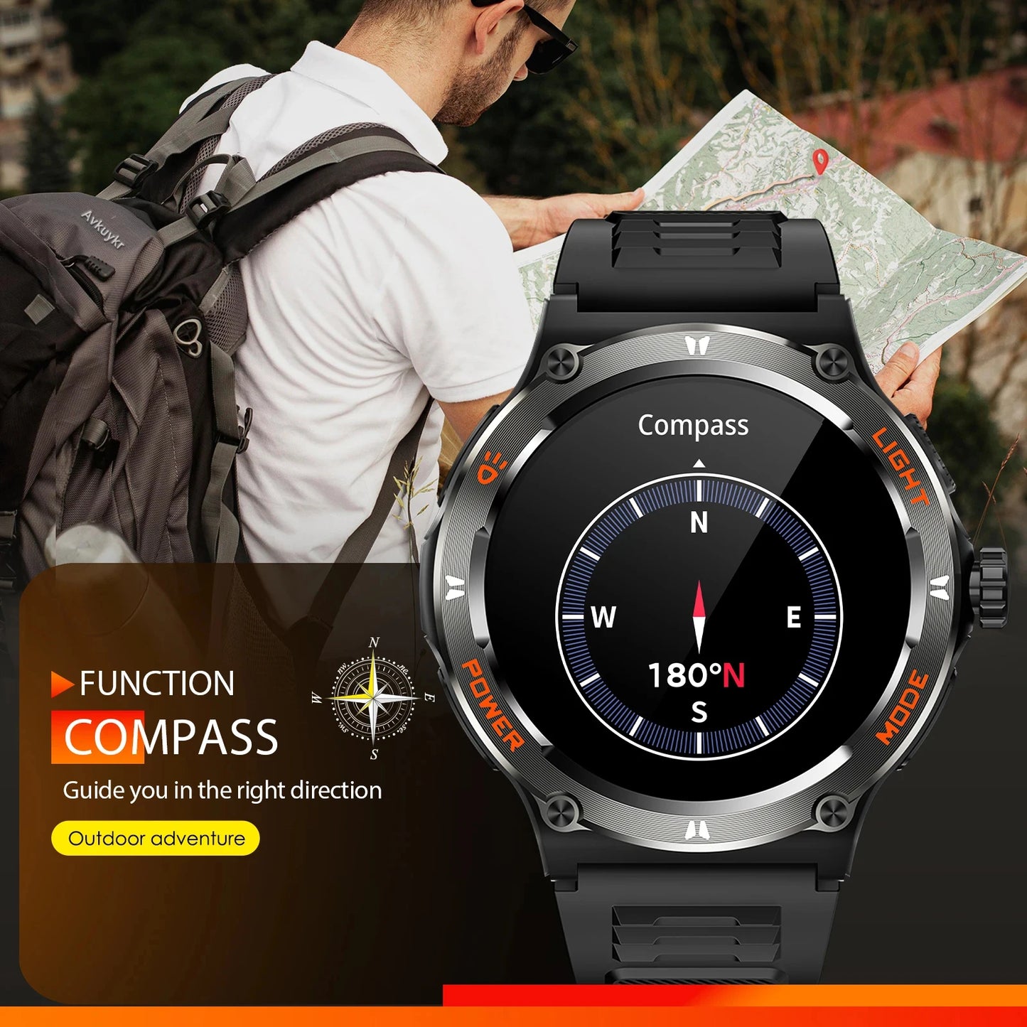 2025 TitanTek New 1.53-inch outdoor Men Smart Watch 3ATM Waterproof 500Mah B attery LED Strong Flashlight Bluetooth Call Smartwatch + Box