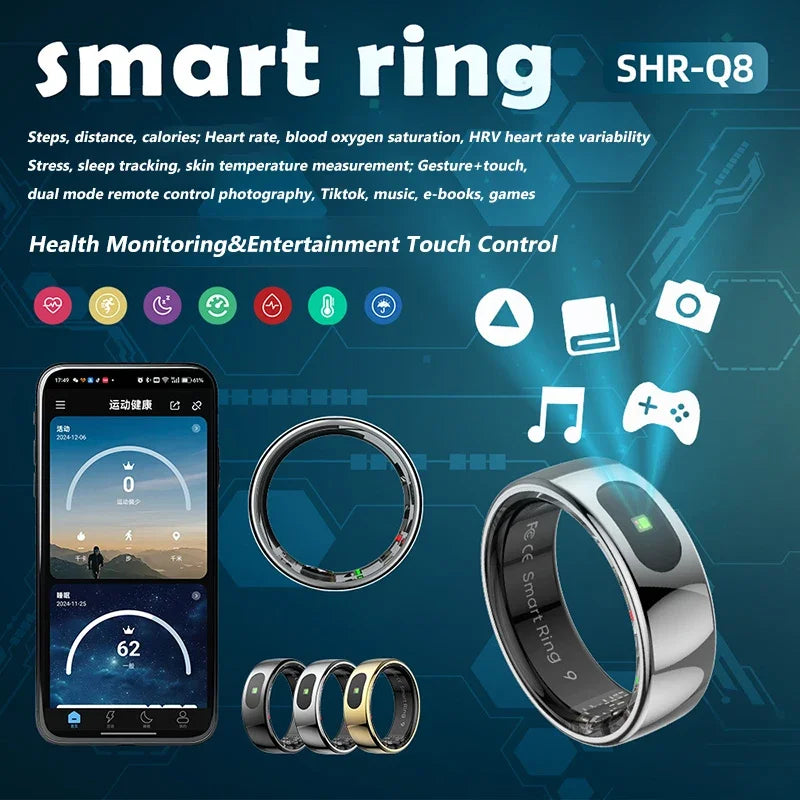 TitanTek New R08 Smart Ring Men Women Charging Case Skin Temperature Health Monitor 5ATM Waterproof Music Video Control Finger Rings